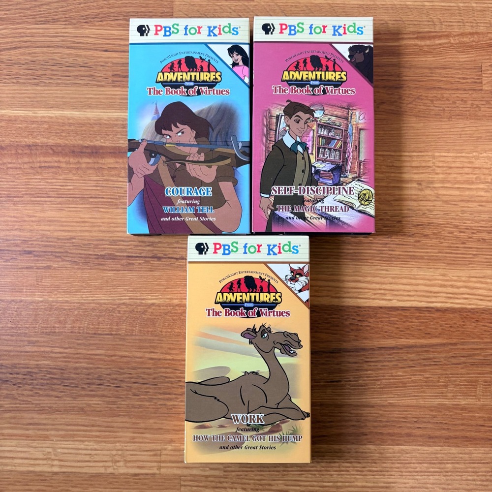 PBS Adventures from The Book of Virtues Courage Self-Discipline Work 3 VHS Lot